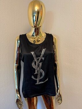 Vintage Yves Saint Laurent, Silk, Swarovski Crystal Logo Tank Top - Black, Large